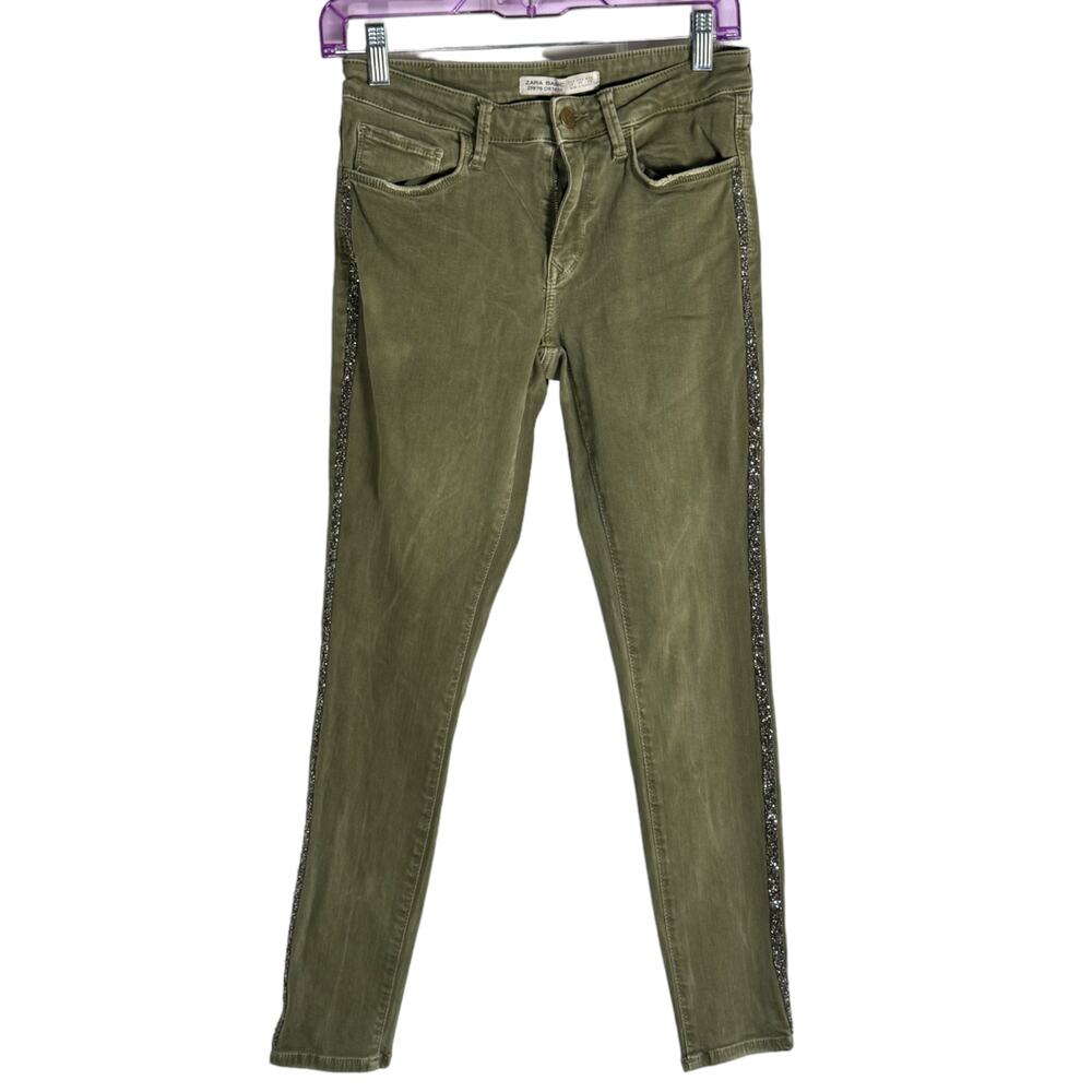 Zara Basic Stretch Skinny Jeans Size 06 Olive Rhinestone Embellished Distressed